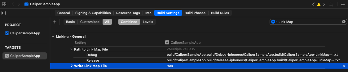 Xcode build settings with Write Link Map File set to Yes